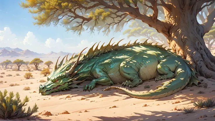 (best quality painting), (good quality), intricate details, a shiny dragon sleeping under a cypress tree in the desert, eyes shut. Side lighting, sunny, light and shadows