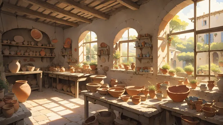 (best quality anime painting), (good quality), intricate details, a provencal pottery maker. Side lighting, sunny, light and shadows