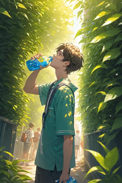 (masterpiece, best quality:2),(Depth of field hdr 8k 4k wallpaper cinematic angle, cinematic lighting, :1.5),1boy,high school student,school uniform,summer,energetic,sweat,holding plastic bottle,drinking lemonade,summer breeze,< lora:xl_more_art-full_v1:1>,depth of field,