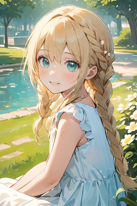 ((masterpiece)), ((best quality)), ((ultra-detailed)), ((soft smile looking away)), photo background, realistic, ((drooping eyes)), ((blonde hair)), ((young, 9 )), long hair, braids, asymmetrical bangs, hair between eyes, sitting, ((aqua eyes)), one girl, white summer dress, flower park,
<lora:add_detail:1>