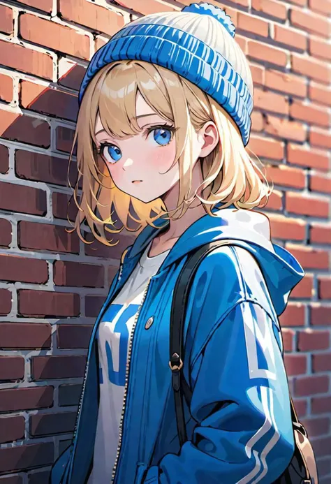 extremely detailed CG unity 8k wallpaper, highest quality, ultra-detailed, perfect illumination, accurate shadowing, one vibrant and lively,(white background) close up, masterpiece, best quality,01girl, solo, blonde hair, knit hat, blue eyes, Swept bangs, stand against the brick wall, blue baggy university blouson, sweatshirt, a girl's crossbody bag, sneakers, black jersey pants, illustration, top quality, ultra-detailed, little smile,