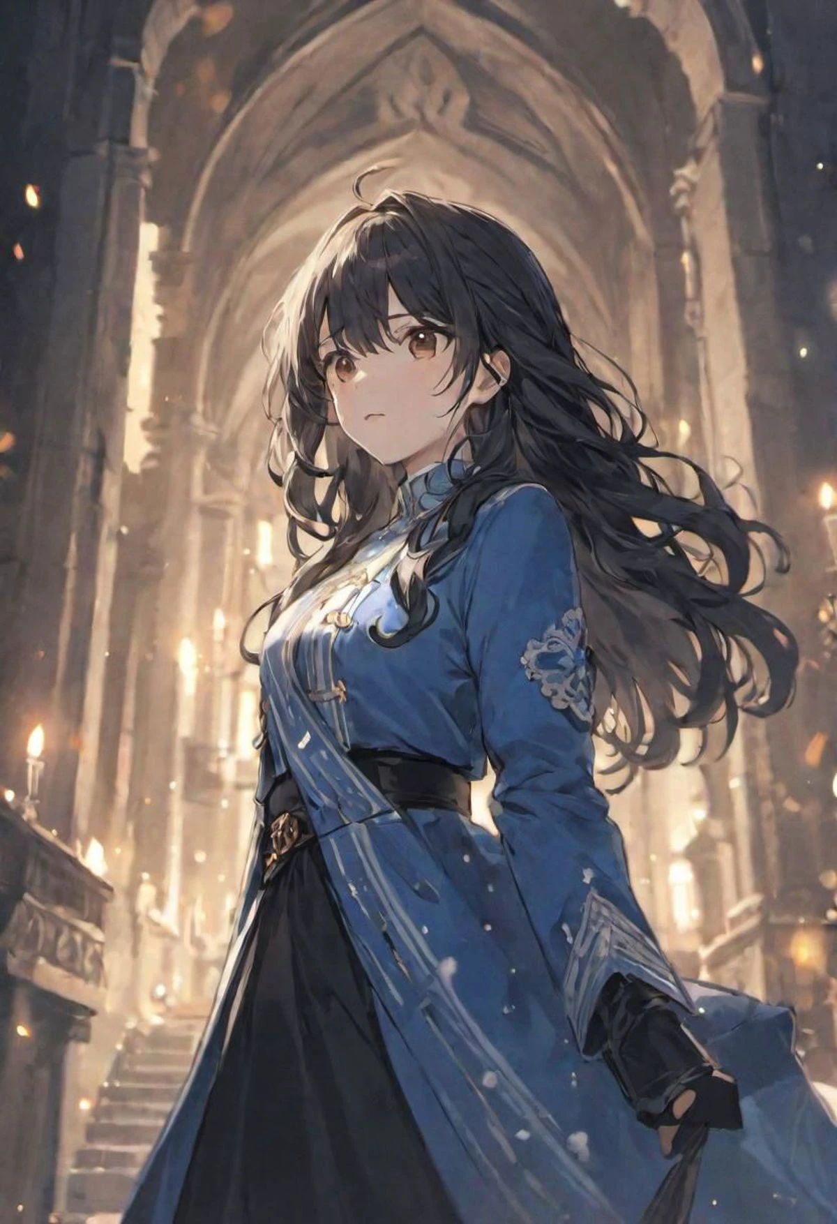 (royal white and blue clothing) adult female, BREAK, sharp brown eyes, BREAK , long black wavy hair, BREAK, cool colours, BREAK, wallpaper, castle, BREAK, absurdres, masterpiece, BREAK, <lora:Festive_Bokeh_Anime:0.5>, mioha