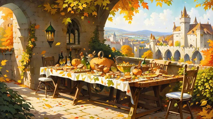 (best quality painting), (good quality), intricate details, a lively feast on a medieval castle's garden table in autumn. Side lighting, green and gold and white theme, sunny, light and shadows