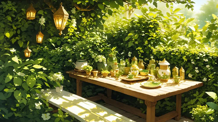(best quality), (good quality), intricate details, a diorama on a garden table. Side lighting, green and gold and white theme, sunny, light and shadows