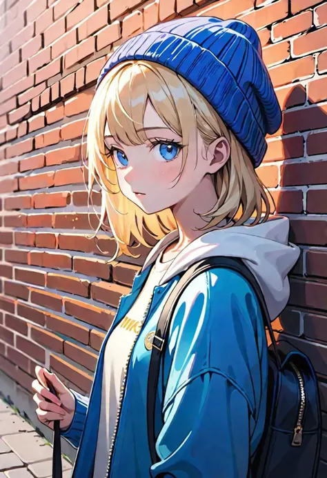 extremely detailed CG unity 8k wallpaper, highest quality, ultra-detailed, perfect illumination, accurate shadowing, one vibrant and lively,(white background) close up, masterpiece, best quality,01girl, solo, blonde hair, knit hat, blue eyes, Swept bangs, stand against the brick wall, blue baggy university blouson, sweatshirt, a girl's crossbody bag, sneakers, black jersey pants, illustration, top quality, ultra-detailed, little smile,