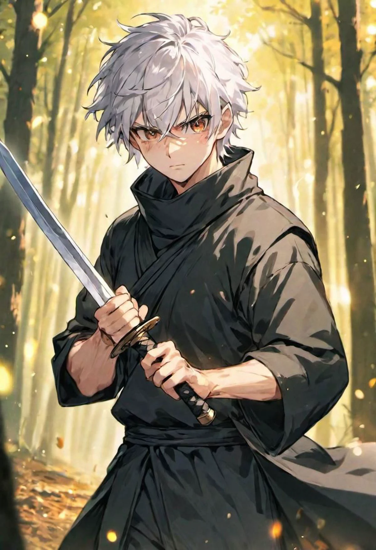 (ninja clothing, holding a sword) adult male, BREAK, black eyes, BREAK , white messy hair, BREAK, warm colours, BREAK, wallpaper, forest, BREAK, absurdres, masterpiece, BREAK, <lora:Festive_Bokeh_Anime:0.5>, mioha