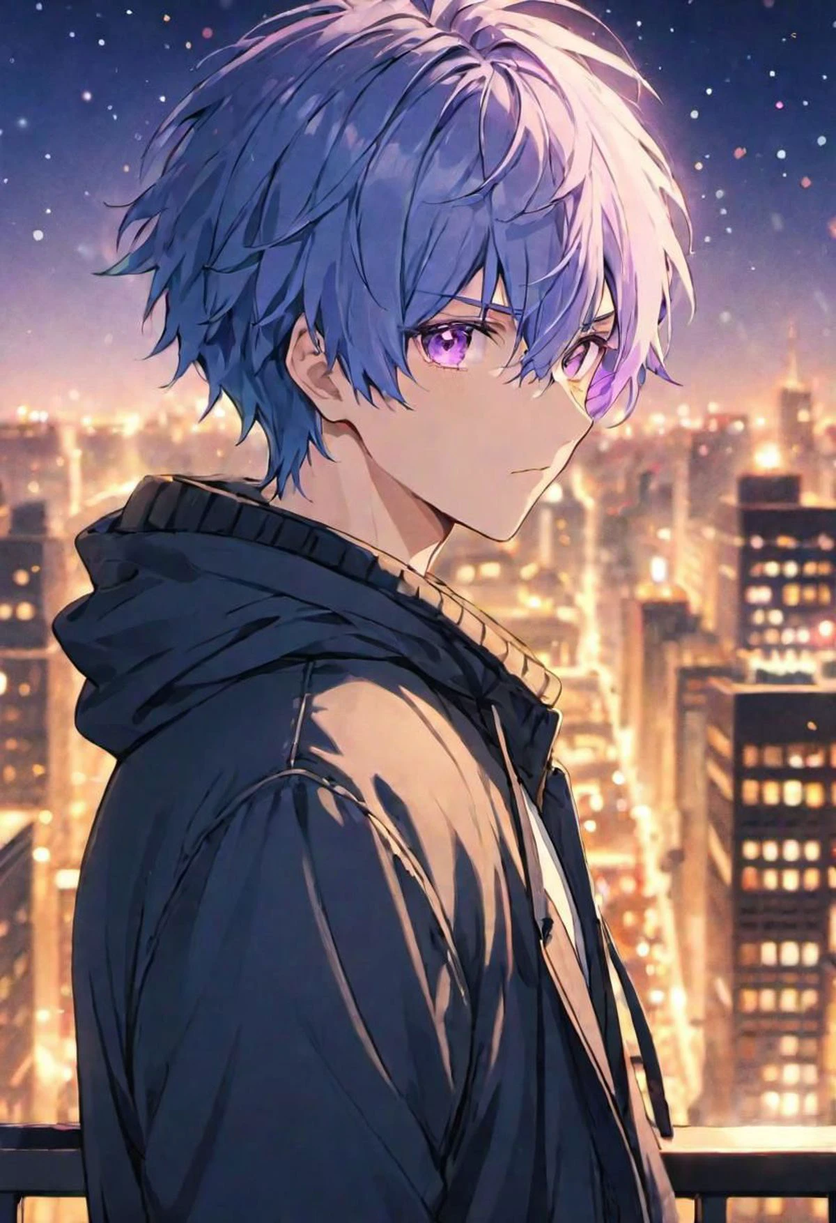 (casual clothing) adult male, BREAK, gentle purple eyes, BREAK , light, blue messy hair, BREAK, warm colours, BREAK, wallpaper, night city, BREAK, absurdres, masterpiece, BREAK, <lora:Festive_Bokeh_Anime:0.5>, mioha