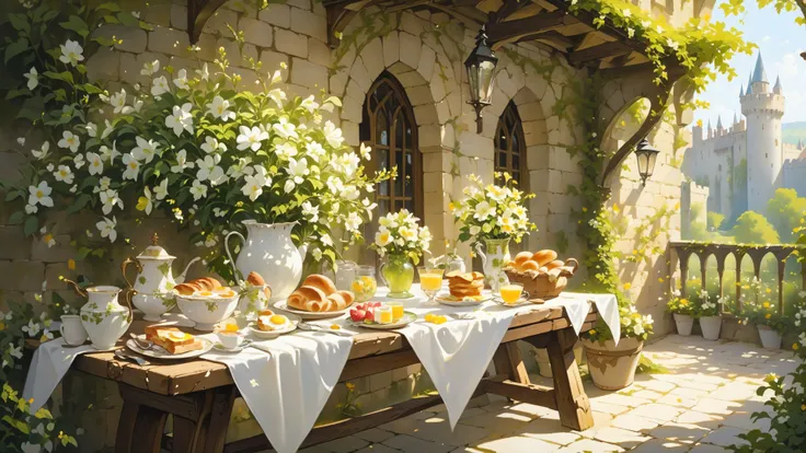 (best quality painting), (good quality), intricate details, a breakfast on a medieval castle's garden table in blooming spring. Side lighting, green and gold and white theme, sunny, light and shadows