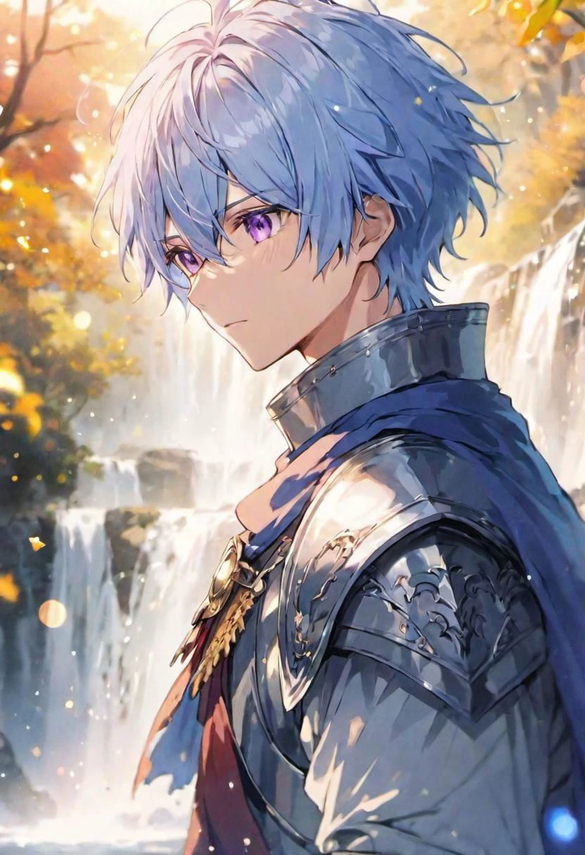 (white, noble, knight clothing) adult male, BREAK, gentle purple eyes, BREAK , light, blue messy hair, BREAK, warm colours, BREAK, wallpaper, waterfall, BREAK, absurdres, masterpiece, BREAK, <lora:Festive_Bokeh_Anime:0.5>, mioha
