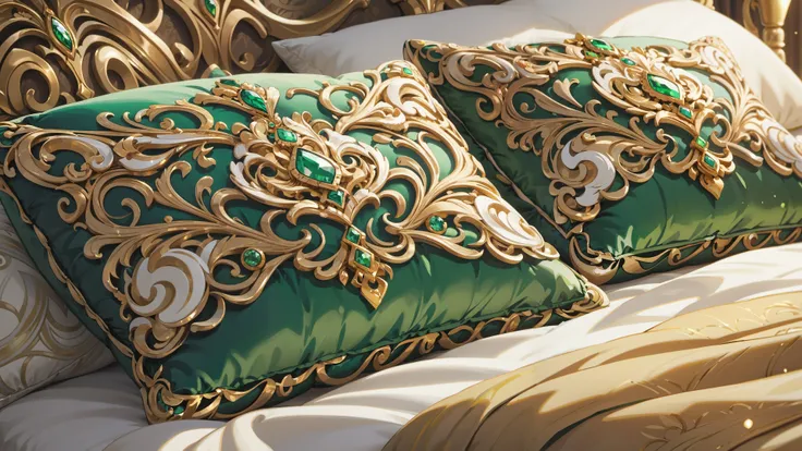 (best quality), (good quality), intricate details, macro of a variety of ornate earrings. large ornate shiny colored pillows, cosy bed. Side lighting, green and gold and white theme,