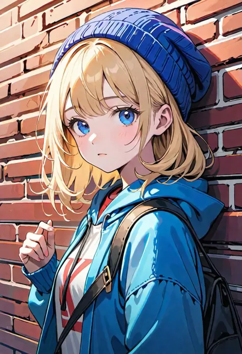 extremely detailed CG unity 8k wallpaper, highest quality, ultra-detailed, perfect illumination, accurate shadowing, one vibrant and lively,(white background) close up, masterpiece, best quality,01girl, solo, blonde hair, knit hat, blue eyes, Swept bangs, stand against the brick wall, blue baggy university blouson, sweatshirt, a girl's crossbody bag, sneakers, black jersey pants, illustration, top quality, ultra-detailed, little smile,