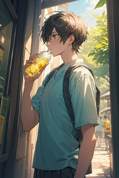 (masterpiece, best quality:2),(Depth of field hdr 8k 4k wallpaper cinematic angle, cinematic lighting, :1.5),1boy,high school student,school uniform,summer,energetic,sweat,holding plastic bottle,drinking lemonade,summer breeze,< lora:xl_more_art-full_v1:1>,depth of field,