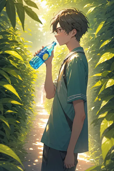 (masterpiece, best quality:2),(Depth of field hdr 8k 4k wallpaper cinematic angle, cinematic lighting, :1.5),1boy,high school student,school uniform,summer,energetic,sweat,holding plastic bottle,drinking lemonade,summer breeze,< lora:xl_more_art-full_v1:1>,depth of field,