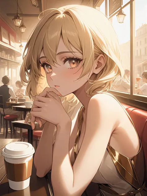 (((masterpiece))) , (((best quality))) , anime style, 2d, anime Pictorialism illustration, zoomed out of a Roman (glamourous 1girl, solo, of Glimmering:1.3) drinking coffee in a cafe, Classic, ð¥º, she has Tired eyebrows, good-looking Wrinkles, Summer, horizon-centered, Sketched, Shameless, Crystal Cubism, pov, highly detailed face, soft focus, atmospheric effects, artistic interpretation, tonality, evocative storytelling, sexy, vibrant, background inspired, stunning detail, very coherent