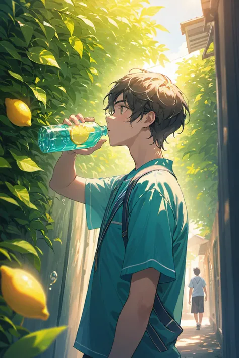 (masterpiece, best quality:2),(Depth of field hdr 8k 4k wallpaper cinematic angle, cinematic lighting, :1.5),1boy,high school student,school uniform,summer,energetic,sweat,holding plastic bottle,drinking lemonade,summer breeze,< lora:xl_more_art-full_v1:1>,depth of field,