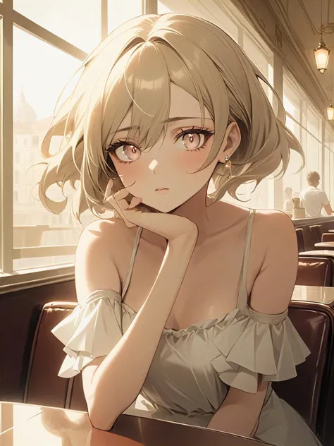 (((masterpiece))) , (((best quality))) , anime style, 2d, anime Pictorialism illustration, zoomed out of a Roman (glamourous 1girl, solo, of Glimmering:1.3) drinking coffee in a cafe, Classic, ð¥º, she has Tired eyebrows, good-looking Wrinkles, Summer, horizon-centered, Sketched, Shameless, Crystal Cubism, pov, highly detailed face, soft focus, atmospheric effects, artistic interpretation, tonality, evocative storytelling, sexy, vibrant, background inspired, stunning detail, very coherent