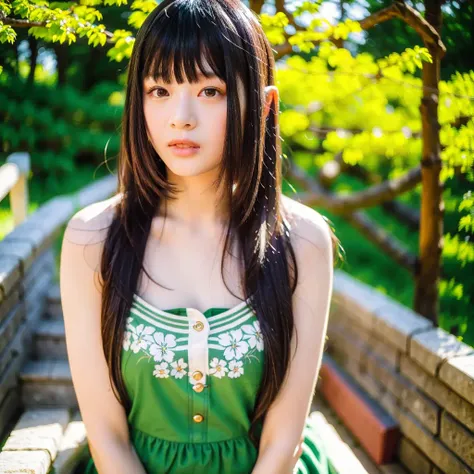 masterpiece, best quality, ultra-detailed, illustration, portrait, over, jewelry, long hair, solo, lovely black dress, flat chested, ((hanni1)), (in garden), (stairway), (bangs), no makeup, cute girl, beautiful hanni , happy mood, sunny, best quality, ultra highres, (photorealistic:1.2), (depth of field:1.1), (looking at camera:1.1), jean material shirt, black hair, short hair, brown clothes, solo, 1 girl, medium chest, in garden, bokeh, soft light, bloom, perfect body, perfect anatomy, photoshoot, clean face, pale skin, clean skin, (1girl), hanni, <lora:hanni-v3.0:0.85>