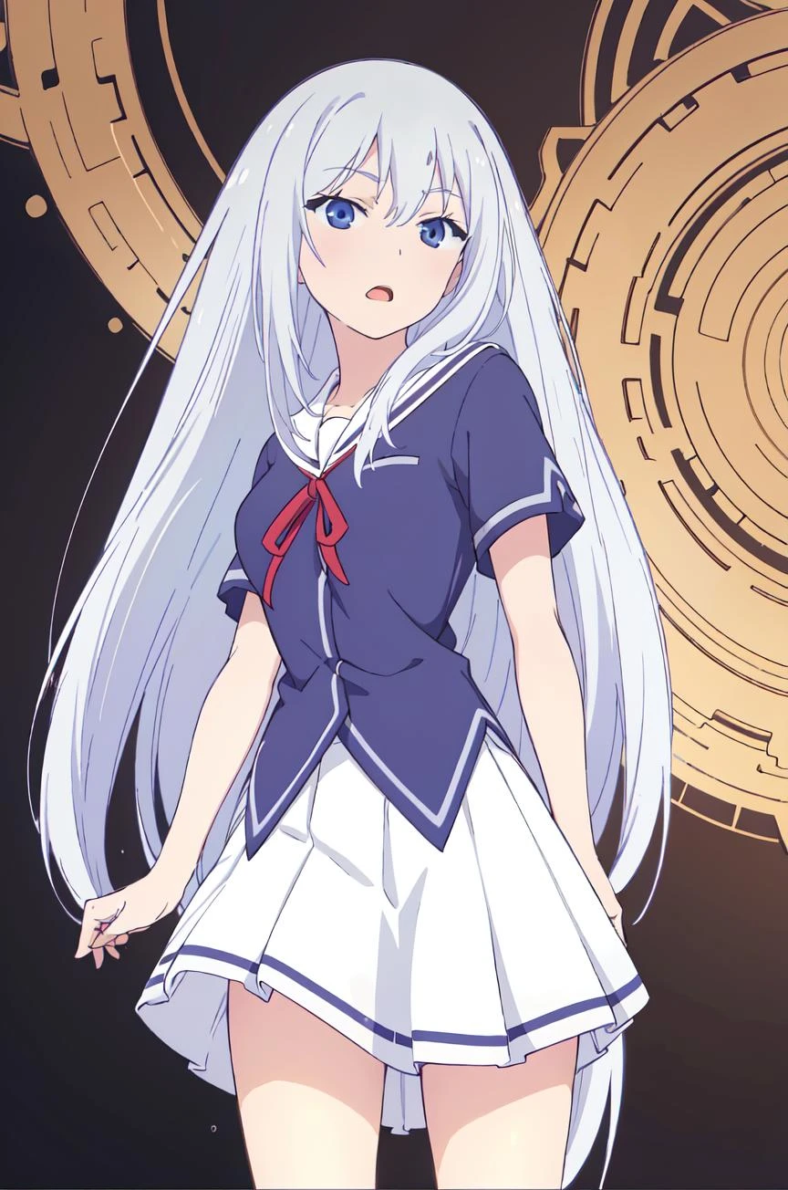 (extremely detailed CG unity 8k wallpaper), (masterpiece), (best quality), (ultra-detailed), (best illustration), (best shadow), (absurdres), 1girl, solo, <lora:masuzu-11:0.7>, Masuzu, 1girl, long hair, solo, school uniform, open mouth, very long hair, skirt, blue eyes, white skirt
