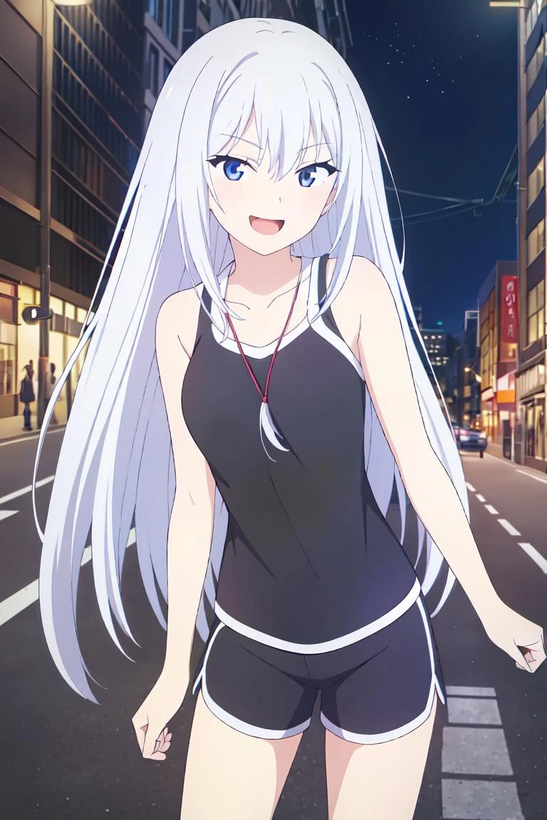 (extremely detailed CG unity 8k wallpaper), (masterpiece), (best quality), (ultra-detailed), (best illustration), (best shadow), (absurdres), 1girl, solo, <lora:masuzu-11:0.6>, Masuzu, blue eyes, long hair, smile, 1girl, white hair, bangs, collarbone, evil smile, open mouth, black tank top, gym shorts,city_street, nighttime