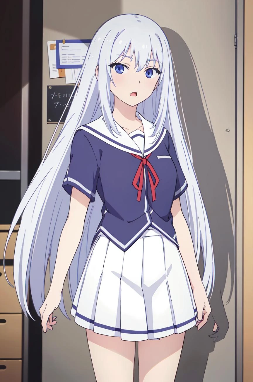 (extremely detailed CG unity 8k wallpaper), (masterpiece), (best quality), (ultra-detailed), (best illustration), (best shadow), (absurdres), 1girl, solo, <lora:masuzu-11:0.6>, Masuzu, 1girl, long hair, solo, school uniform, open mouth, very long hair, skirt, blue eyes, white skirt