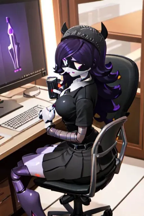 Worker drone, murder drone, uzi, very big boobs, chest viewing, ass, 16k, full hd, solo, lewd pose, office worker uniform, short skirt, purple hair, purple eyes, Three-dimensional image, sitting on chair