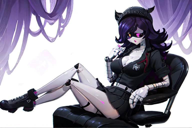 Worker drone, murder drone, uzi, very big boobs, chest viewing, ass, 16k, full hd, solo, lewd pose, office worker uniform, short skirt, purple hair, purple eyes, Three-dimensional image, sitting on chair