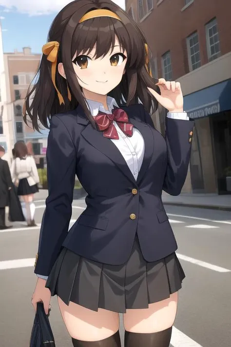 ((masterpiece)),(best quality),official art,extremely delicate and beautiful,extremely detailed CG,unity 8k wallpaper,ultra detailed,beautiful detailed eyes,extremely detailed face,outdoors,1girl,solo,cowboy shot,looking at viewer,facing viewer,smile,Suzumiya Haruhi,official alternate hairstyle,long hair,brown hair,hair intakes,orange hairband,hair ribbon,orange ribbon,hair bow,orange bow,sidelocks,bangs,brown eyes,school uniform,winter uniform,black jacket,blazer,open clothes,open jacket,brown bowtie,white shirt,collared shirt,dress shirt,yellow armband,long sleeves,large breasts,skindentation,miniskirt,black skirt,pleated skirt,zettai ryouiki,black thighhighs,loafers,<lora:Suzumiya Haruhi(tmhs)>,