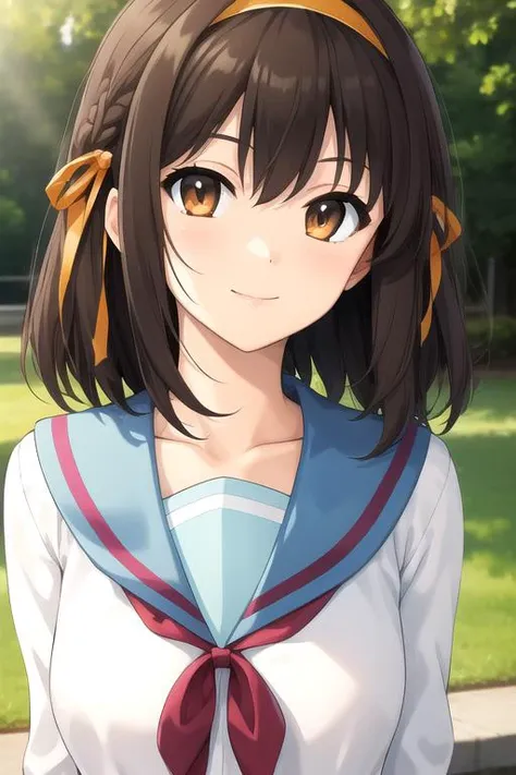 ((masterpiece)),(best quality),official art,extremely delicate and beautiful,extremely detailed CG,unity 8k wallpaper,ultra detailed,beautiful detailed eyes,extremely detailed face,outdoors,1girl,solo,upper body,(portrait:1.5),looking at viewer,facing viewer,smile,Suzumiya Haruhi,medium hair,brown hair,hair intakes,orange hairband,hair bow,orange bow,hair ribbon,orange ribbon,hair ornament,sidelocks,diagonal bangs,brown eyes,kita high school uniform,collarbone,blue sailor collar,serafuku,neck ribbon,red ribbon,red bow,white shirt,long sleeves,large breasts,skindentation,shirt tucked in,miniskirt,blue skirt,zettai ryouiki,black thighhighs,loafers,<lora:Suzumiya Haruhi(tmhs):0.8>,