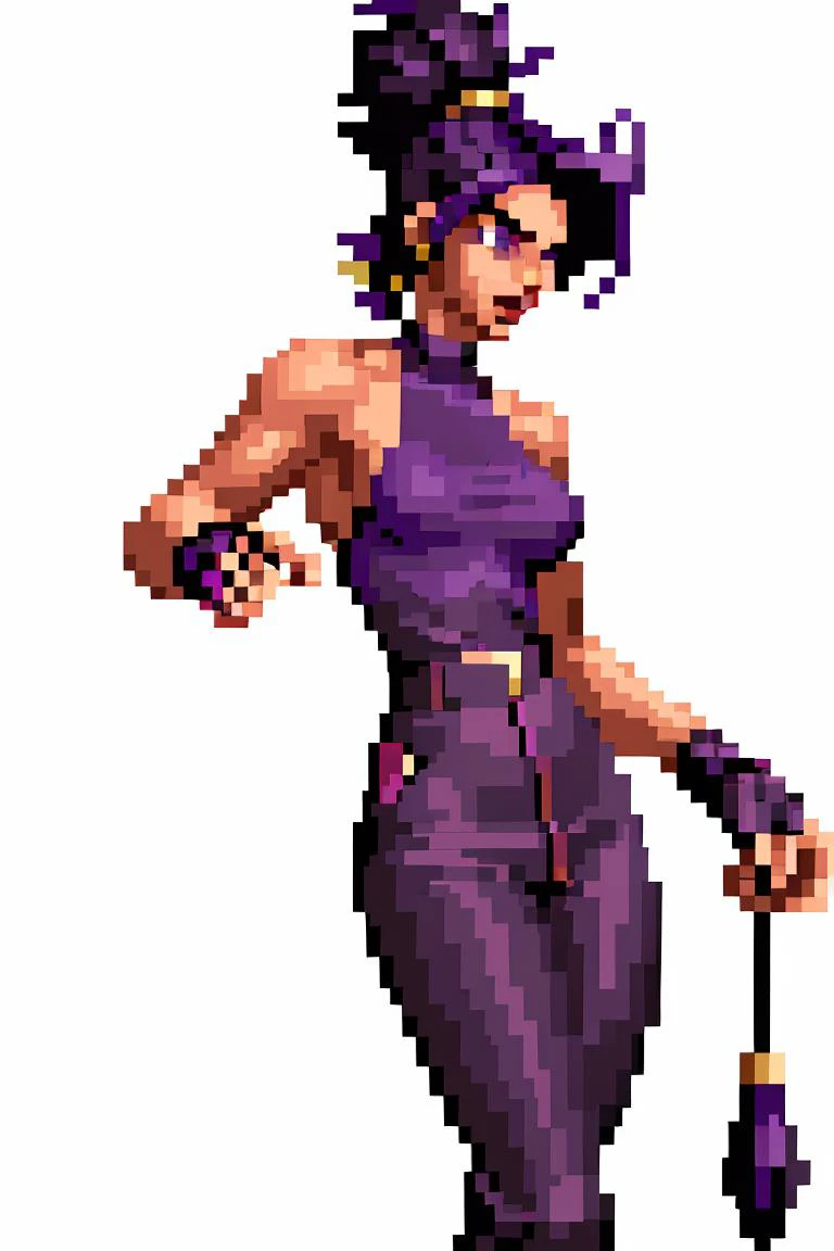 (masterpiece, best quality), 1girl,Smoky Purple Tapered Sides with Textured Quiff, Sizes M to Z breasts, <lora:SNK-Kof_sprites_Fp:1>