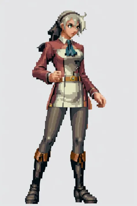 masterpiece, best quality, <lora:SNK-Kof_sprites_Fp:0.9> <lora:elie-nvwls-v2-zero:0.8> elie macdowell, green eyes, hairband, blue ascot, hair ribbon, long sleeves, belt, pantyhose, white boots, simple background, standing, fighting stance, fists