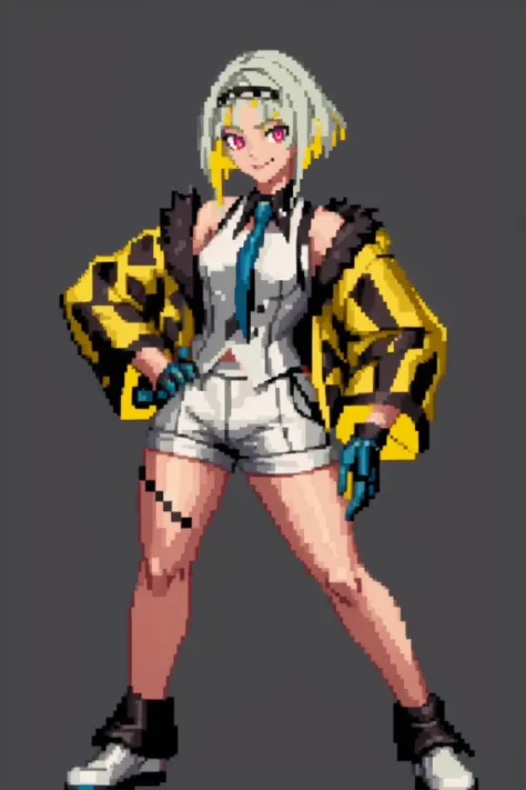 masterpiece, best quality, solo, 1girl, smile, looking at viewer,  <lora:Ringo_Fp:1>, ringosh2, shirt, jacket, black gloves, necktie, hairband, white shorts, standing,  <lora:SNK-Kof_sprites_Fp:0.8>, simple background, full body, hand on hip,