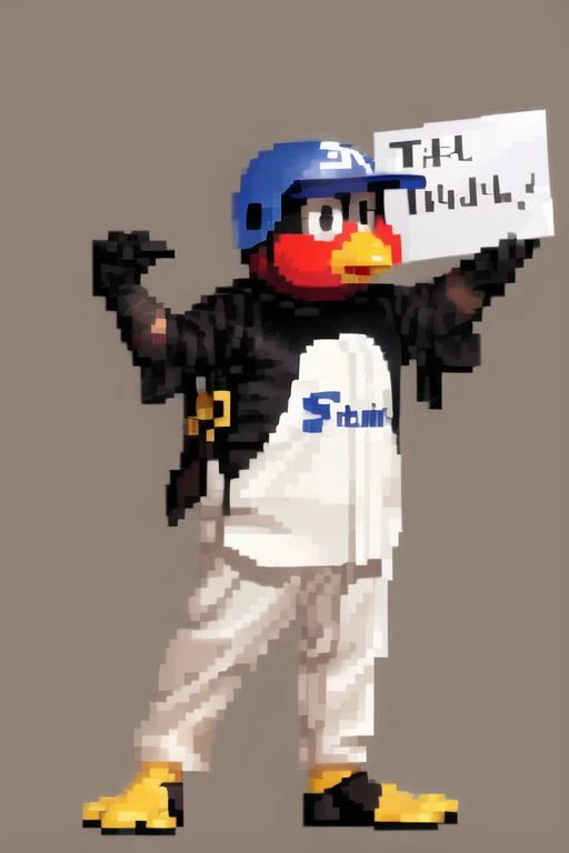 best quality,high resolution,extremely detailed CG, <lora:Tsubakurou_V1_1.0_MIDD:1> tsuba9rou, mascot, sign, holding sign, dirty, baseball helmet, black eyes, yellow beak, <lora:SNK-Kof_sprites_Fp:1> full body, simple background, fighting stance