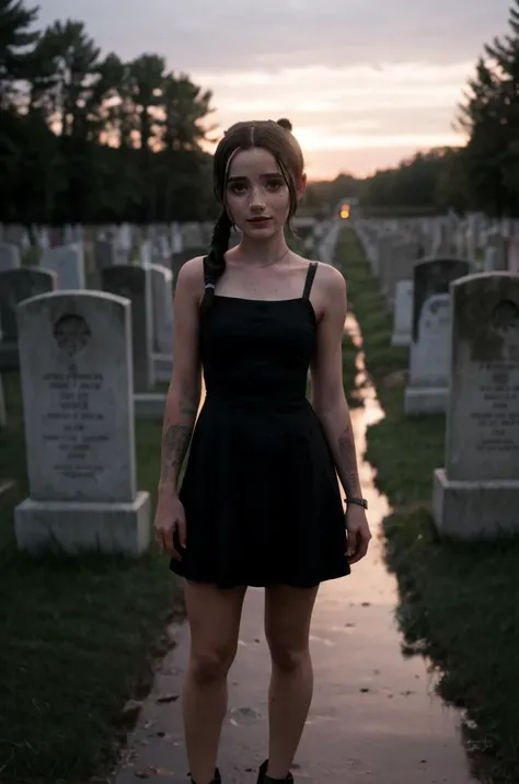 tv_Mackenzie_Jones_OF, , , tearful sad expression, "ready-for-a-funeral", black dress, looking down, in a rainy graveyard at dusk, ((full body shot)),, 8k resolution, highres, high detail, sharp focus, detailed skin, 8k uhd,