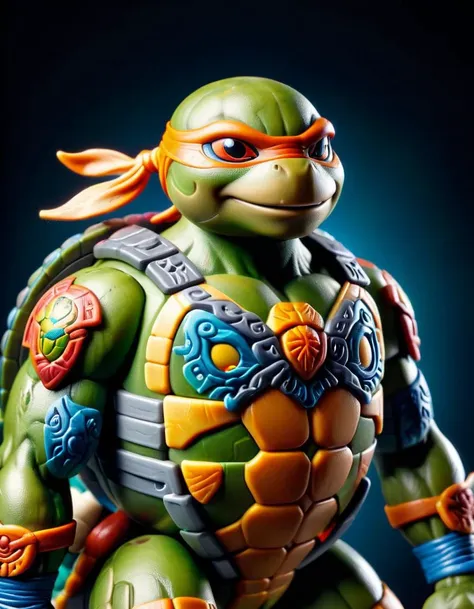 Muscular, teenage ninja turtle, in an imposing position, with a dark background, but with vibrant colors on its body. decorated with amber accents, masterpiece of art, visually stunning, intricate details, sharp focus, 55mm f/ 1.8 lens, depth of field, natural daylight<lora:ral-plymbl-sdxl:1> ral-plymbl