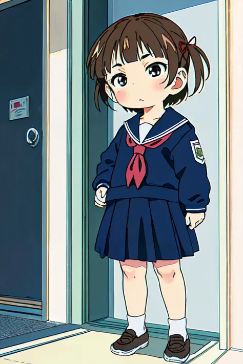 mitsuba,brown hair, (best quality, masterpiece, RAW photo,ultra-detailed:1.2), <lyco:GoodHands-beta2:1.0>,1girl,solo,looking at viewer, <lora:Mitsuba_V1:1> AS-YoungerV2, full body,school uniform,serafuku,school,from below,