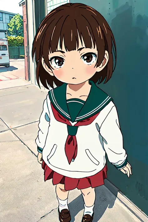 mitsuba,brown hair, (best quality, masterpiece, RAW photo,ultra-detailed:1.2), <lyco:GoodHands-beta2:1.0>,1girl,solo,looking at viewer, <lora:Mitsuba_V1:1> AS-YoungerV2, full body,school uniform,serafuku,school