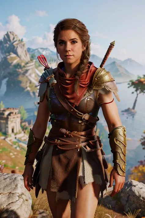 Professional photograph of sks woman <lora:locon_mariaandrejczyk_v1_from_v1_64_32:0.9>, standing on a tall mountain. She's a greek adventurer, dungeons and dragons style, skirt, leather armor, shoulderpad, like Kassandra from AC Odyssey, necklace. masterpiece, highest quality, brown hair, braid, brown eyes, 8k, ultra-hd , red cloak <lora:KassandraAssaOdy:0.5> kassandraassaody