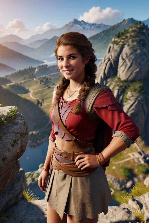 Professional photograph of sks woman <lora:locon_mariaandrejczyk_v1_from_v1_64_32:0.9>, standing on a tall mountain. She's a greek adventurer, dungeons and dragons style, skirt, shoulderpad, like Kassandra from AC Odyssey, necklace. masterpiece, highest quality, brown hair, braid, brown eyes, grin, 8k, ultra-hd  <lora:kassandra:0.5> kassandra, red cloak