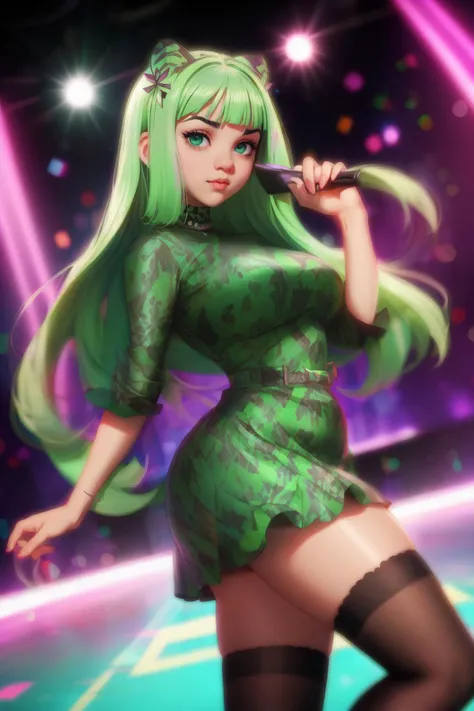 dramatic cartoon portrait d0nna_n0texist in a patterned minidress heels in a nightclub, looking at the camera, cinematic angle, Bokeh effect, dynamic lighting, photorealistic, high detail