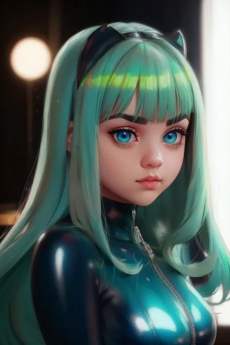 dramatic cartoon portrait d0nna_n0texist in a blue leather catsuit in a darkened hotel room, looking at the camera, cinematic angle, Bokeh effect, dynamic lighting, photorealistic, high detail