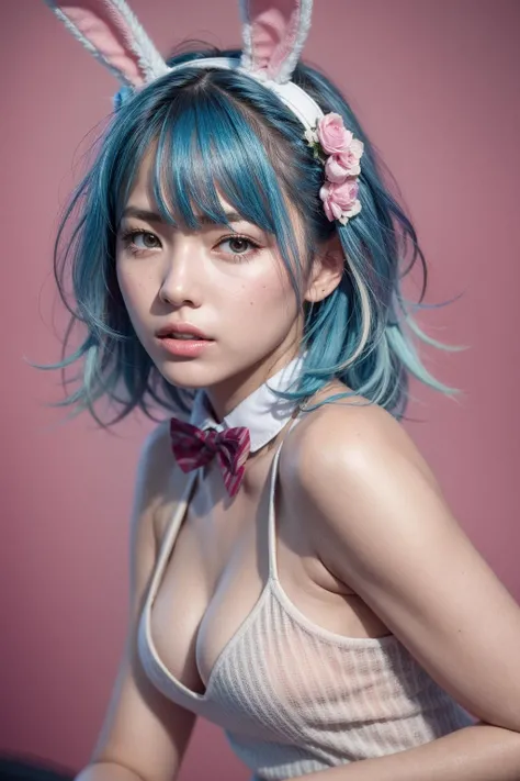 (masterpiece, high quality, intricate details, realistic:1.25), (close-up:1.1), solo, a cute girl, (modern style:0.8), japanese, medium (blue hair:1.2), side bangs, pink rabbit ears, headgear, bowtie, cleavage, [thighhighs:fishnet], (short, perfect slim body, natural detailed skin texture:1.1), blush, in love, sexy, pink background, cinematic light, cinematic shadows, vivid colors, flim grain, depth of field, (nsfw:0.8) <lol:do you like horny bunnies?>