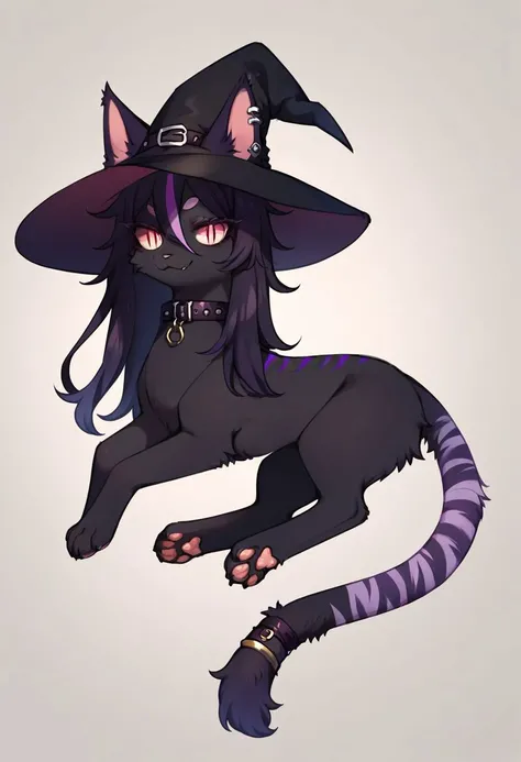 (score_9, score_8_up), score_7_up, score_6_up, (feral), Goth girl, cat, furry, anthro, anime, solo, (witch hat), animal, (body fur), (black body, black skin, black fur), eyelashes, eyeliner, (black hair, purple hair, streaked hair), (long hair, messy hair, wild hair), animal ears, smirk, fang, purple stripes, slit pupils, beautiful eyes, thin tail, tail ring, punk, piercings, collar, bandages, paws, uncensored,
