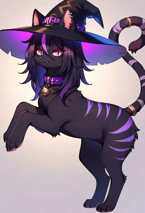 (score_9, score_8_up), score_7_up, score_6_up, (feral), Goth girl, cat, furry, anthro, anime, solo, (witch hat), animal, (body fur), (black body, black skin, black fur), eyelashes, eyeliner, (black hair, purple hair, streaked hair), (long hair, messy hair, wild hair), animal ears, smirk, fang, purple stripes, slit pupils, beautiful eyes, thin tail, tail ring, punk, piercings, collar, bandages, paws, uncensored,