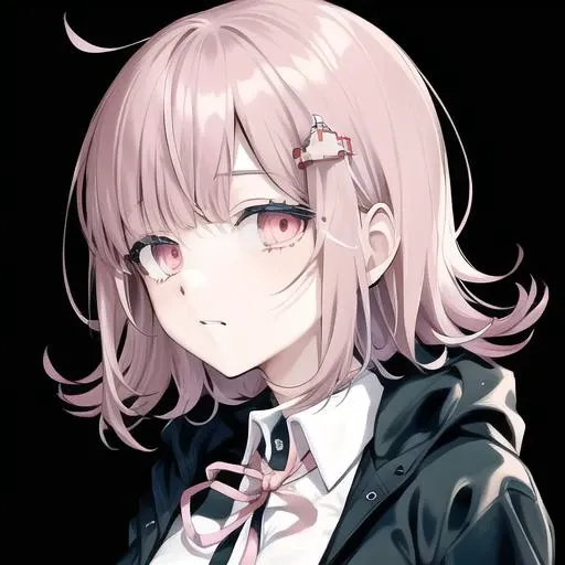 <lora:ChiakiDGv2:0.6>, Nanami Chiaki, collared shirt, eyebrows visible_through hair, face, flipped hair, hair ornament, hairclip, hood, jacket, looking at viewer, medium hair, pink eyes, pink ribbon, portrait, shirt, simple background, solo, teeth, white background, simple background, 1girl,
