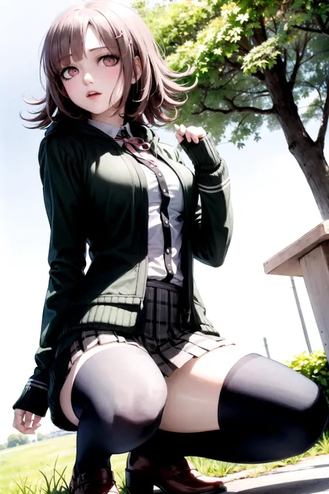 <lora:ChiakiDG:0.9>, 1girl, solo, hair ornament, shirt, jacket, ribbon, skirt, dress shirt, pink ribbon, open clothes, pleated skirt, white shirt, neck ribbon, collared shirt, hood, open jacket, bag, black jacket, long sleeves, shirt tucked in, brown skirt, hairclip, two-tone shirt, hooded jacket, breasts, medium hair, (black thighhighs), (pink footwears), cowboy shot, (perfect hands), squatting, outdoors, park, tree, sky, looking at viewer, (kbxll:0.6),