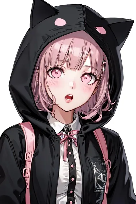 1girl, nanami chiaki, solo, black hood, hair ornament, medium hair, close mouth, shirt, pink eyes, ribbon, jacket, bangs, teeth, pink hair, pink ribbon, looking at viewer, backpack,( hood up:1.1), upper body, hoodie, (black jacket, cat hood:1.1), upper teeth only, neck ribbon, hairclip, white background, (animal hood:1.1), simple background, white shirt, <lora:ChiakiDG:1>