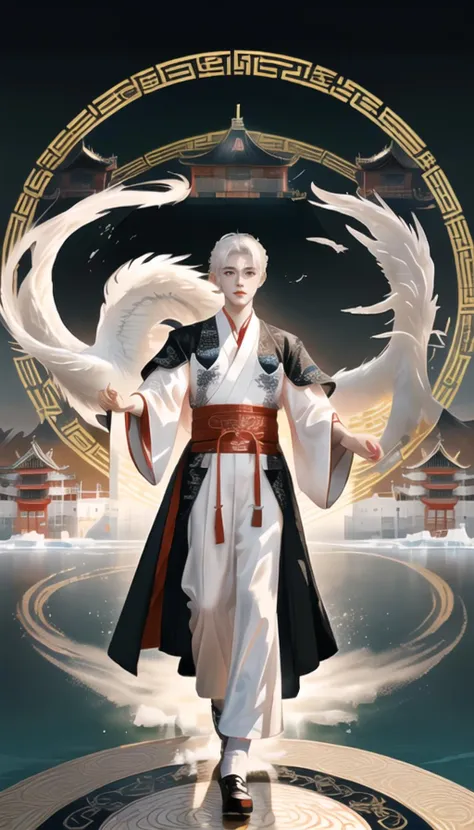 highres,a young and handsome boy,white hair,<lora:last:1>,hanfu with black gold patterns,eyes glazed,expressionless,slender red phoenix eyes,hand details: five fingers,black feather,detailed lighting,beautiful detailed glow, detailed ice, beautiful detailed water, (magic circle:1.2), (floating palaces:1.3),historic building,reaching_out,