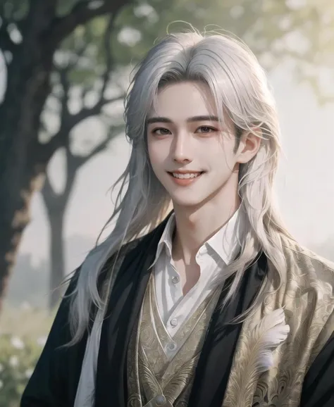 HDR,UHD,8K,best quality,lovely boy,half-body appearance,white hair,long hair,<lora:last:1>,(detailed light),feather,nature,(sunlight),(shine,kind_smile,,an innocent and seductive expression,