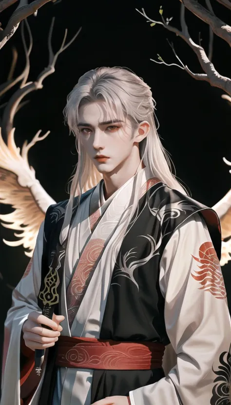 highres,a young and handsome boy,white hair,<lora:last:1>,hanfu with black gold patterns,holding a dagger in hand,eyes glazed,expressionless,slender red phoenix eyes,a terrifying and tense atmosphere,mirkwood,hand details: five fingers,black wings,black feather,detailed lighting,