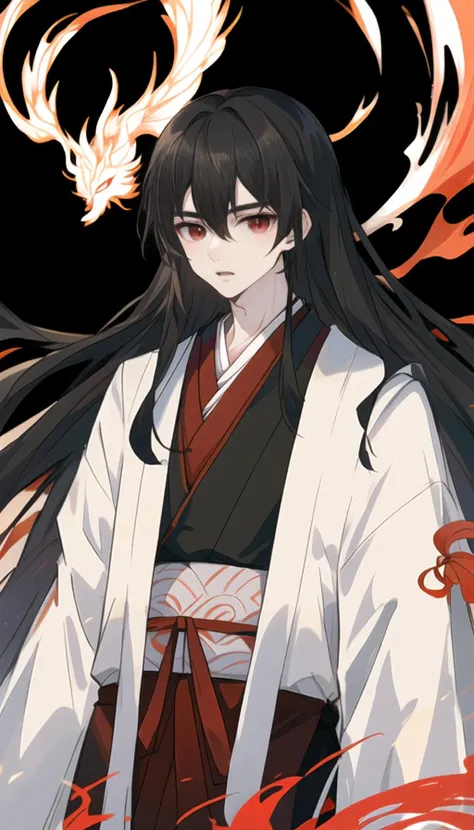 highres,a young and handsome boy,slender red phoenix eyes,detailed lighting,hanfu with black gold patterns,<lora:last:1>,mori series,white long hair floating in disorder,